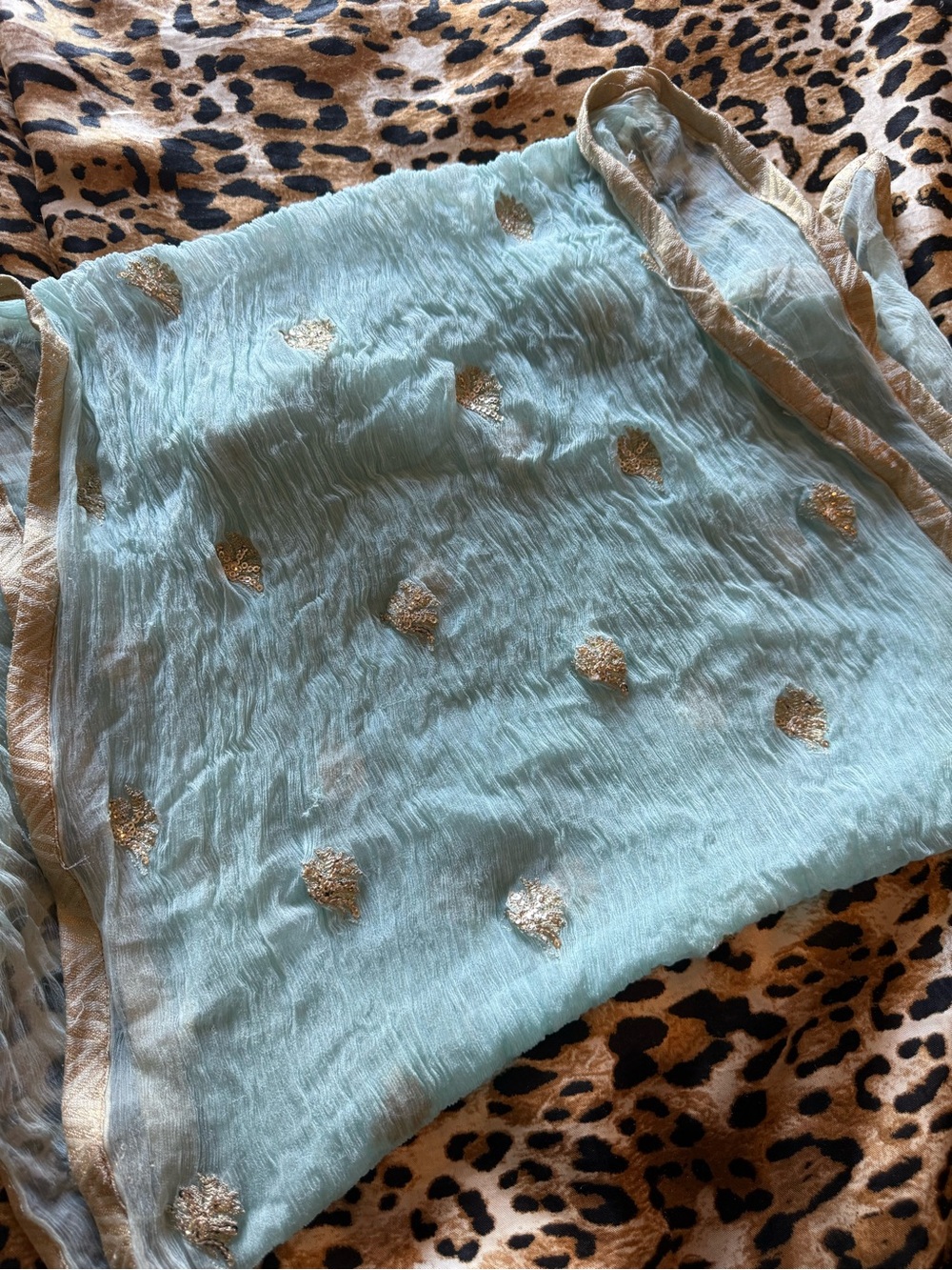 Ice Blue Crinkled Organza Dupatta Scarf - Gold Motif & Border
